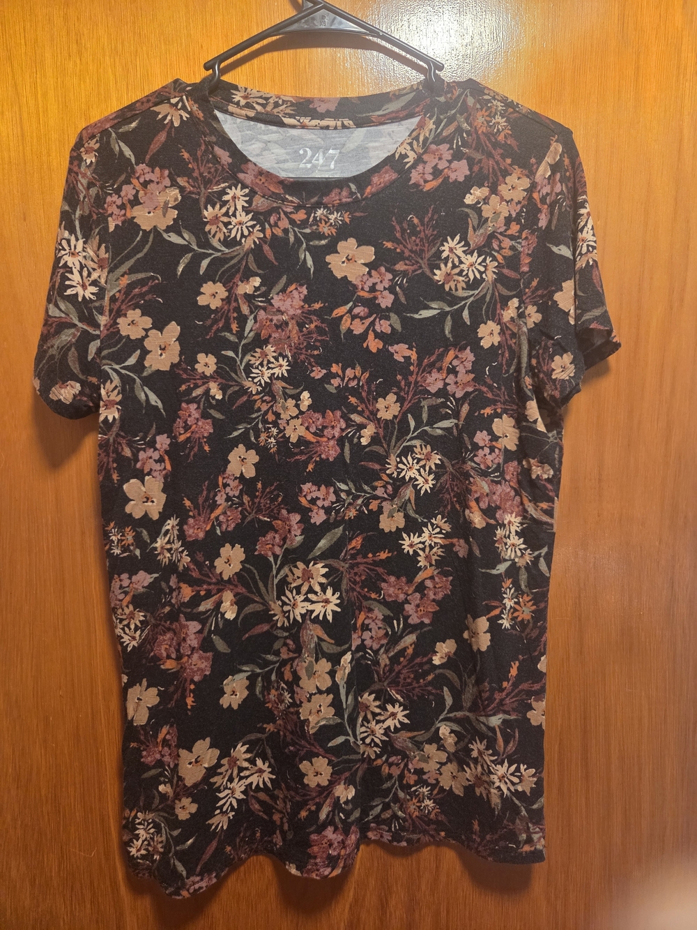 247 Women's Short Sleeve Floral Tee in Black with Pink & Tan Blooms